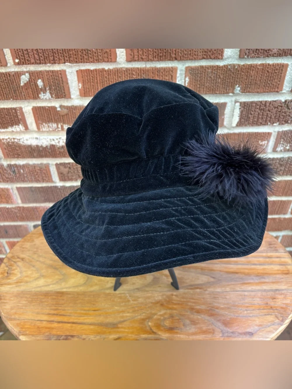 Betmar Black Vintage Velvet Cloche Ruched Bucket Style Feather Pom-Pom Hat